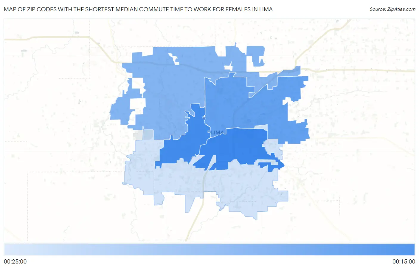 Zip Codes with the Shortest Median Commute Time to Work for Females in Lima Map