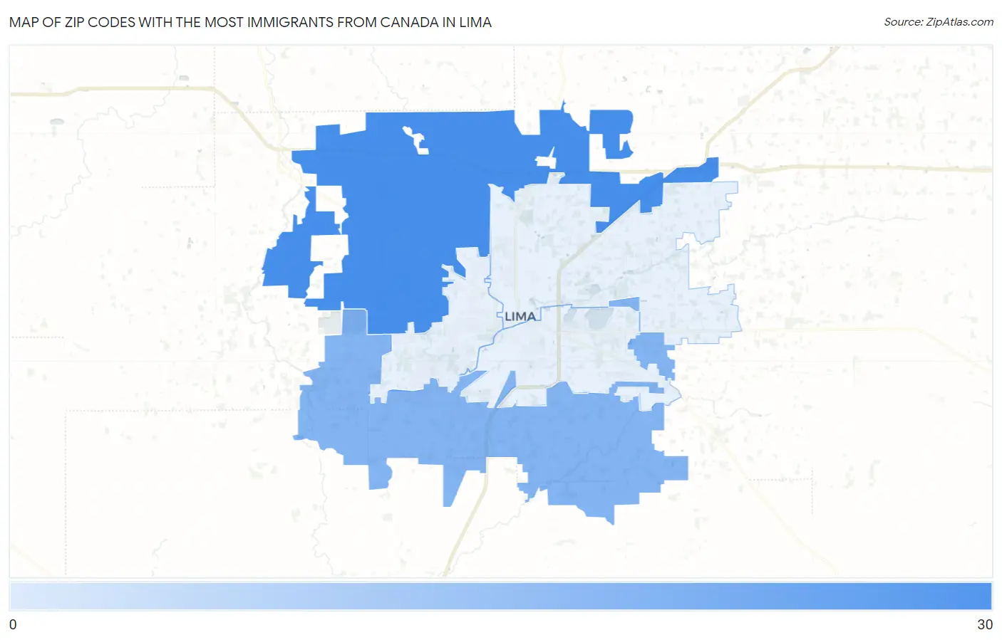 Zip Codes with the Most Immigrants from Canada in Lima Map