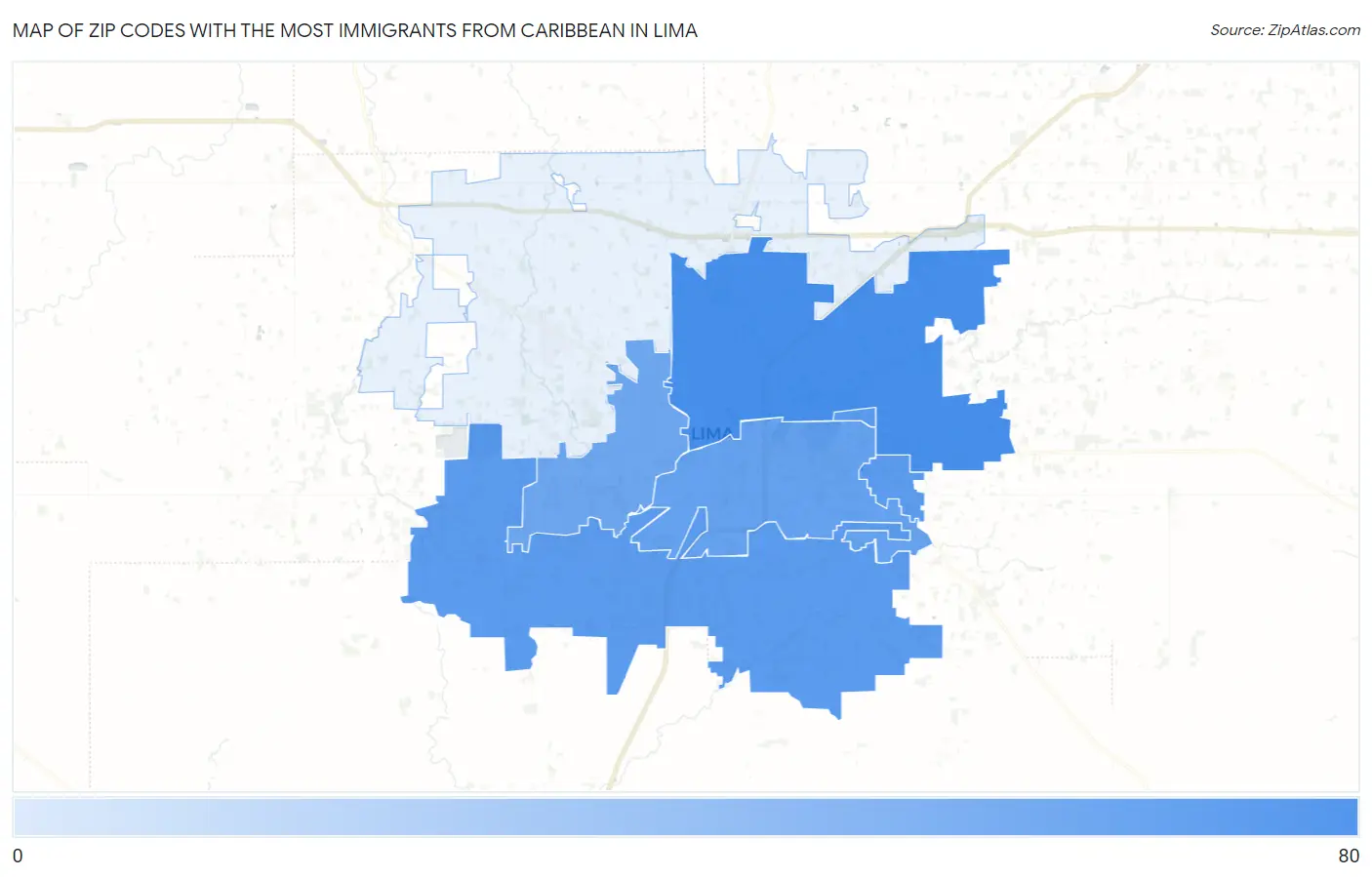 Zip Codes with the Most Immigrants from Caribbean in Lima Map