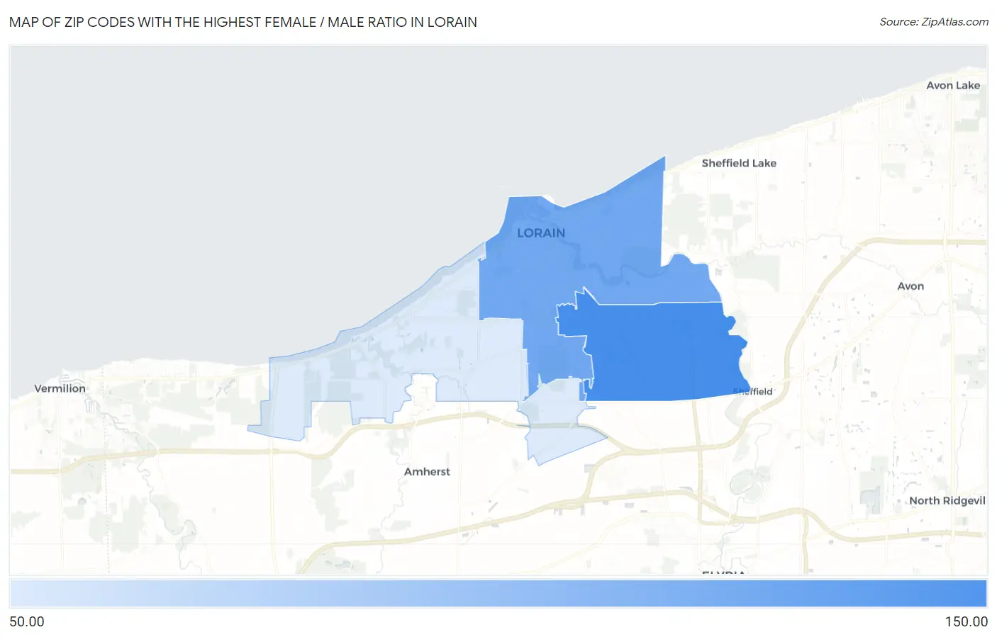 Zip Codes with the Highest Female / Male Ratio in Lorain Map