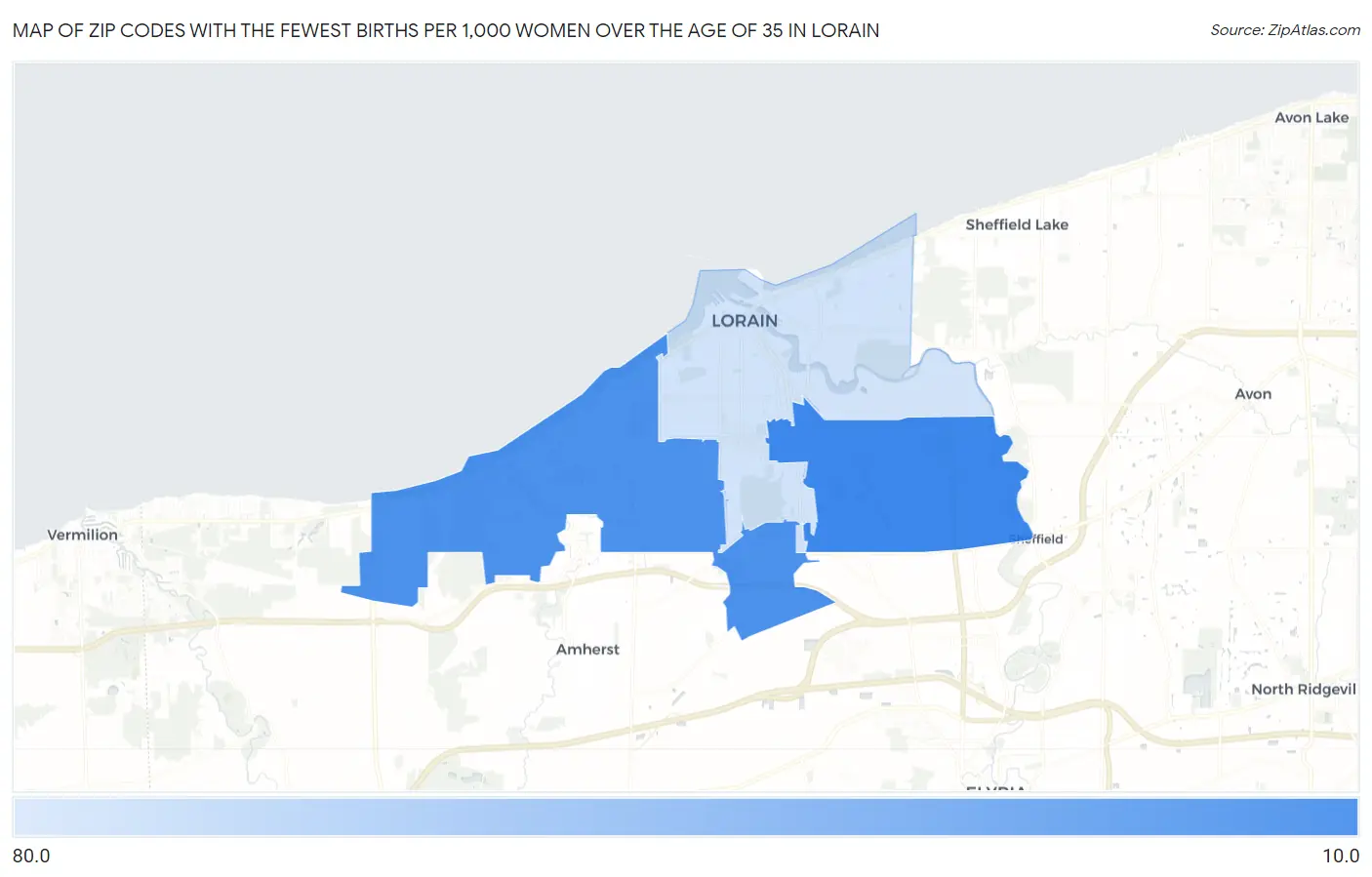 Zip Codes with the Fewest Births per 1,000 Women Over the Age of 35 in Lorain Map