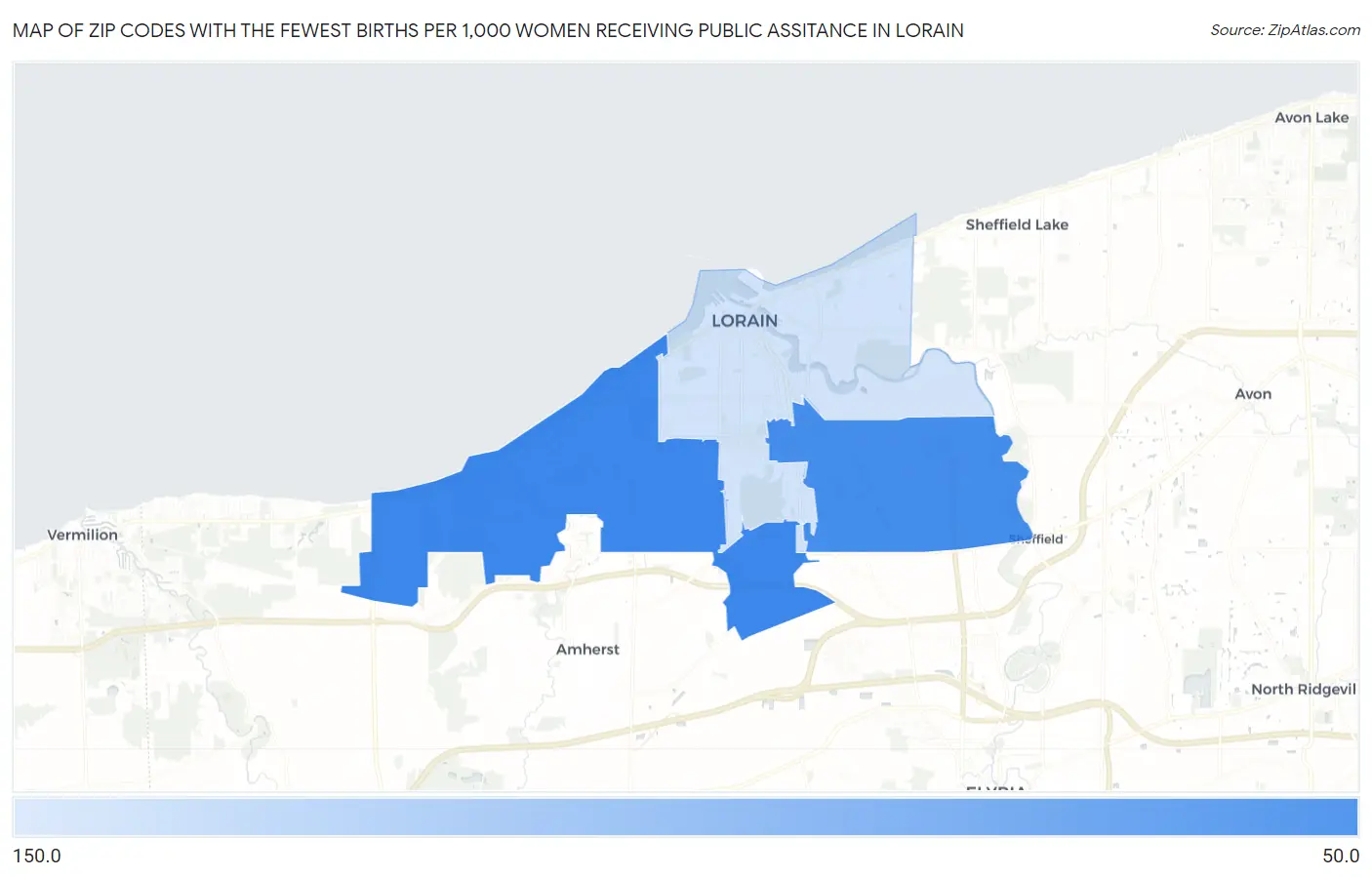 Zip Codes with the Fewest Births per 1,000 Women Receiving Public Assitance in Lorain Map