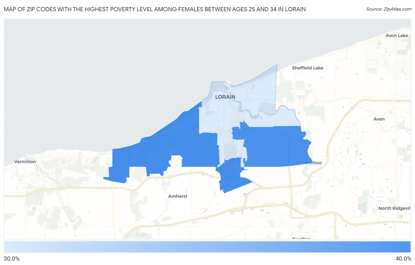 Zip Codes with the Highest Poverty Level Among Females Between Ages 25 and 34 in Lorain Map