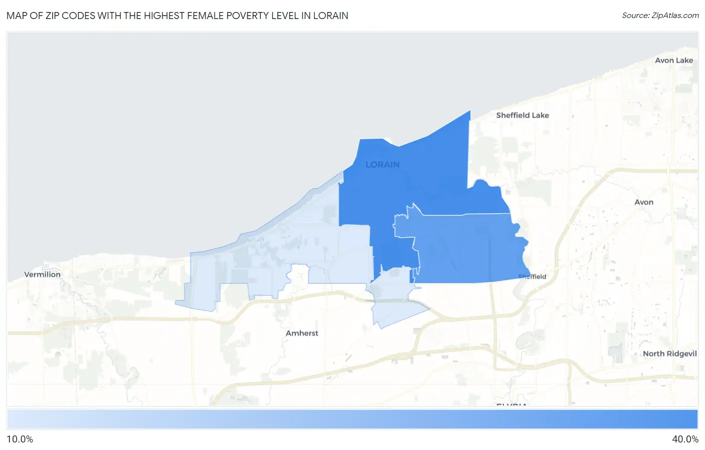 Zip Codes with the Highest Female Poverty Level in Lorain Map