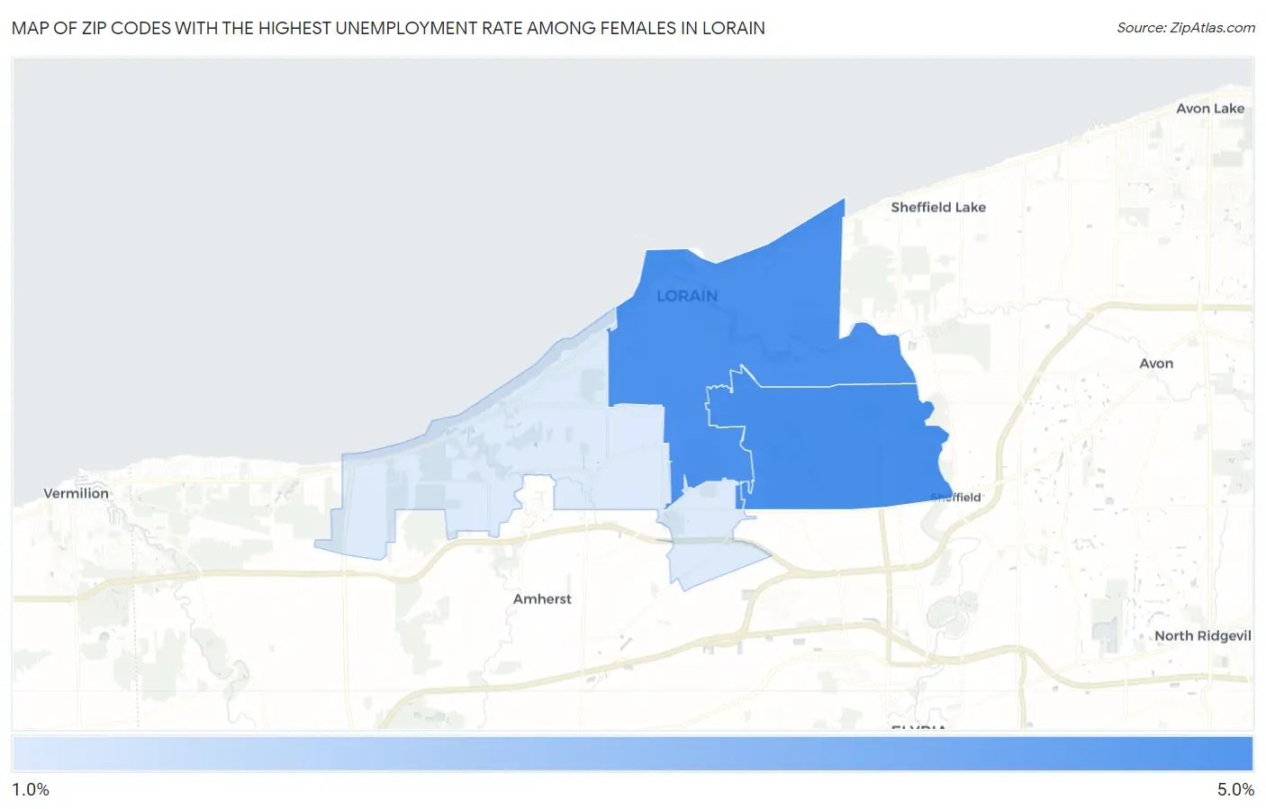 Zip Codes with the Highest Unemployment Rate Among Females in Lorain Map