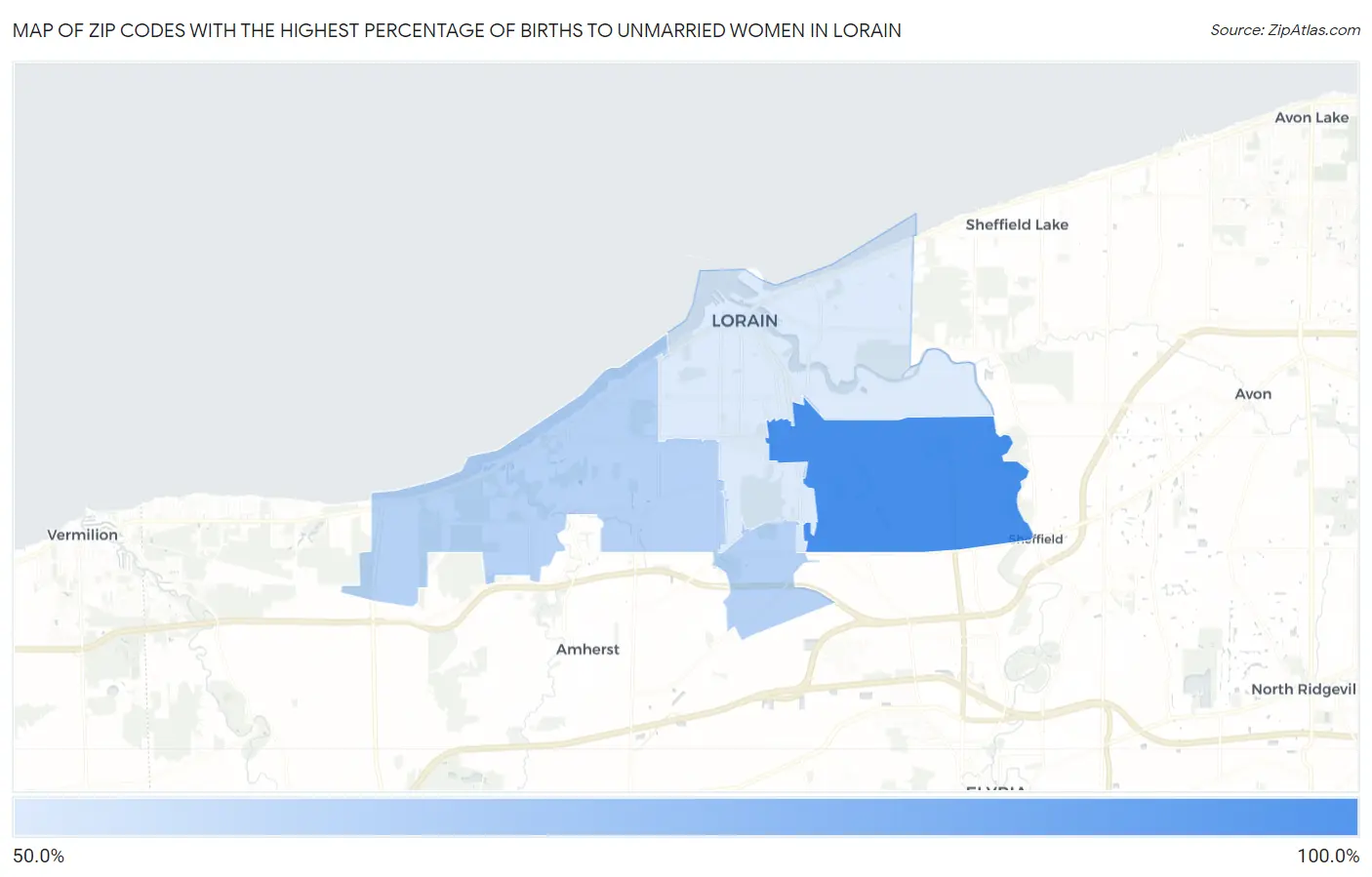 Zip Codes with the Highest Percentage of Births to Unmarried Women in Lorain Map
