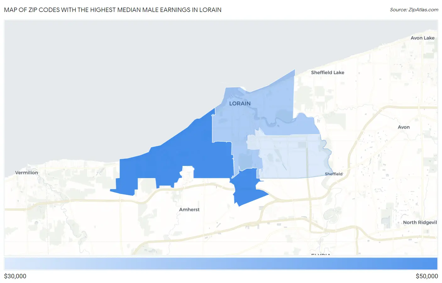 Zip Codes with the Highest Median Male Earnings in Lorain Map