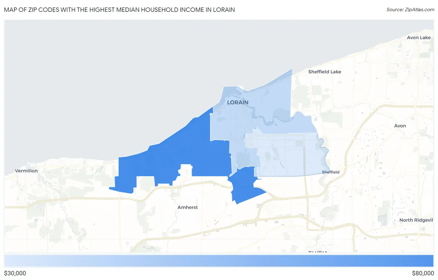 Zip Codes with the Highest Median Household Income in Lorain Map