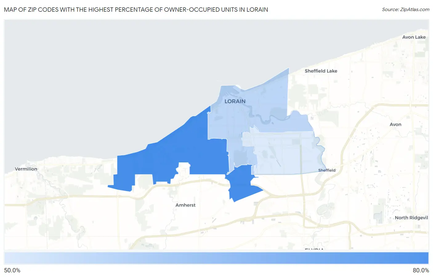 Zip Codes with the Highest Percentage of Owner-Occupied Units in Lorain Map
