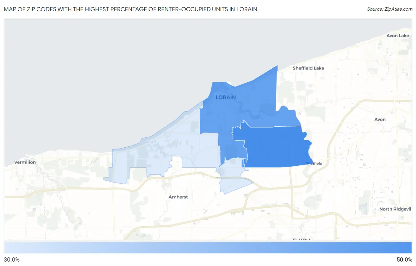 Zip Codes with the Highest Percentage of Renter-Occupied Units in Lorain Map
