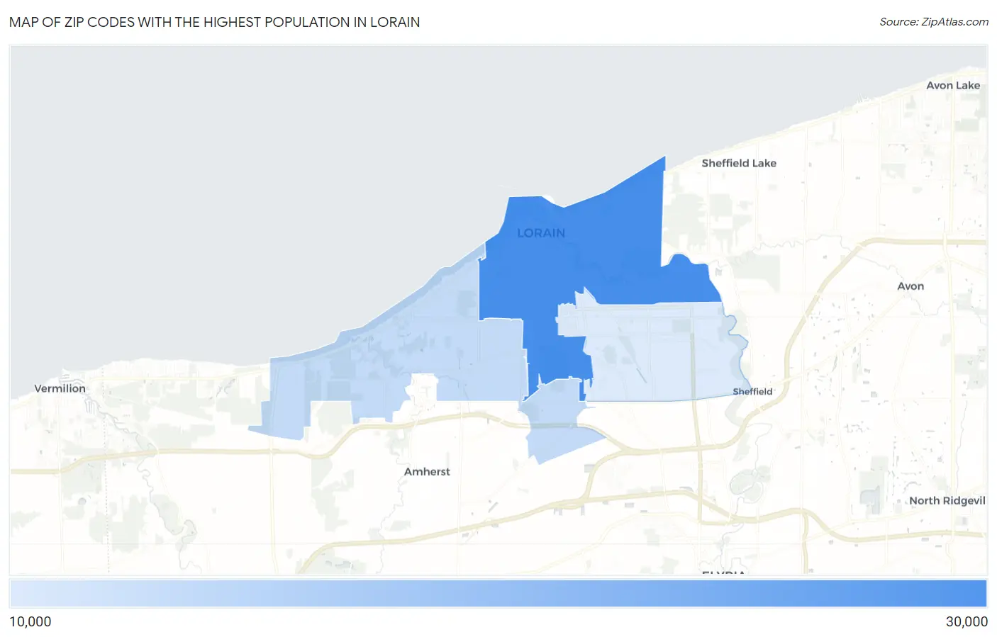 Zip Codes with the Highest Population in Lorain Map
