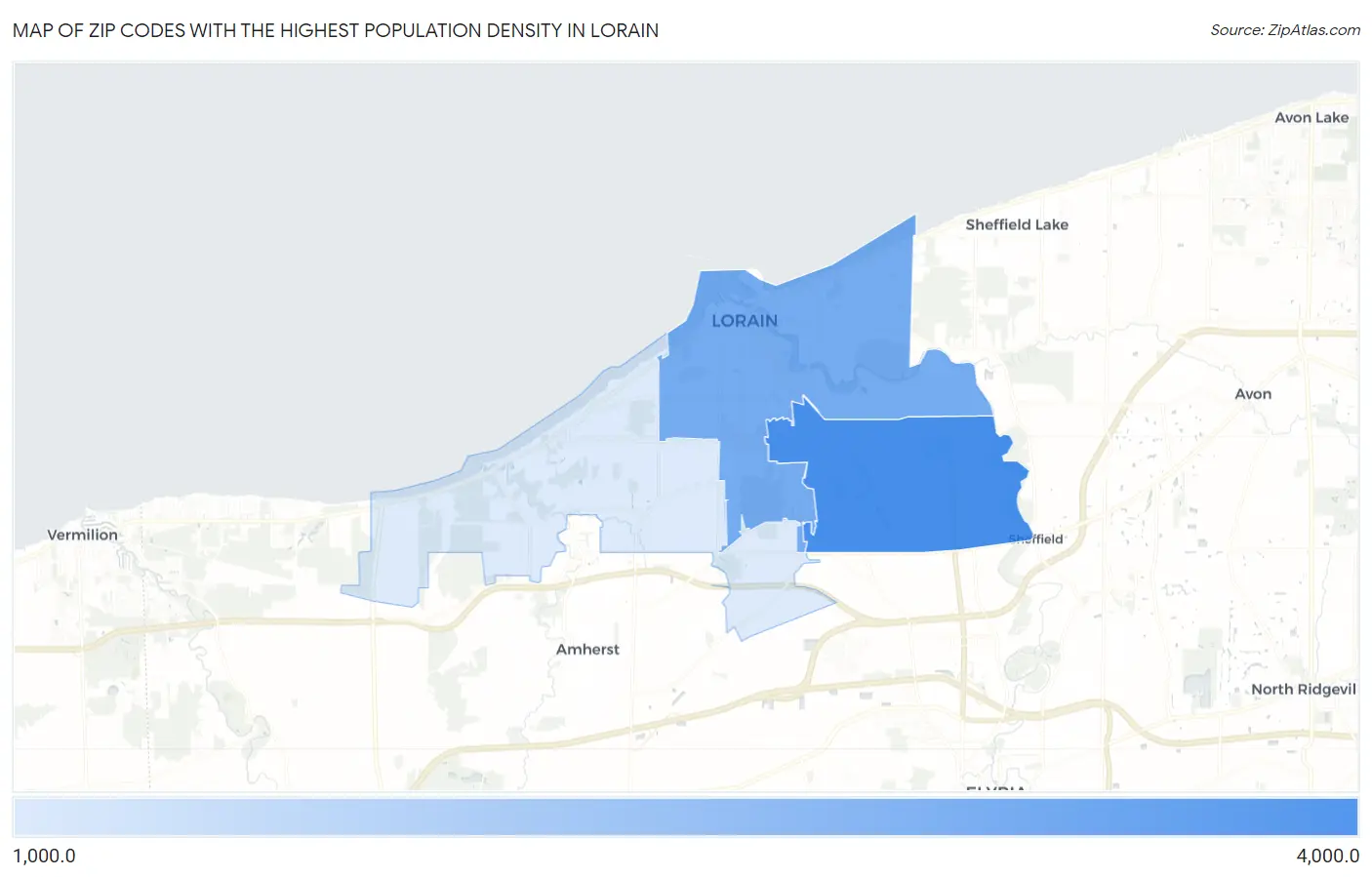 Zip Codes with the Highest Population Density in Lorain Map