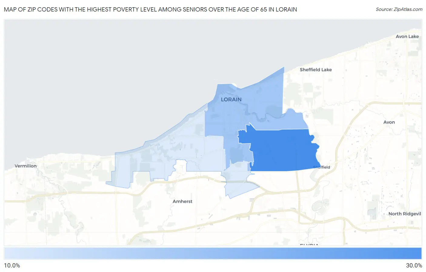 Zip Codes with the Highest Poverty Level Among Seniors Over the Age of 65 in Lorain Map
