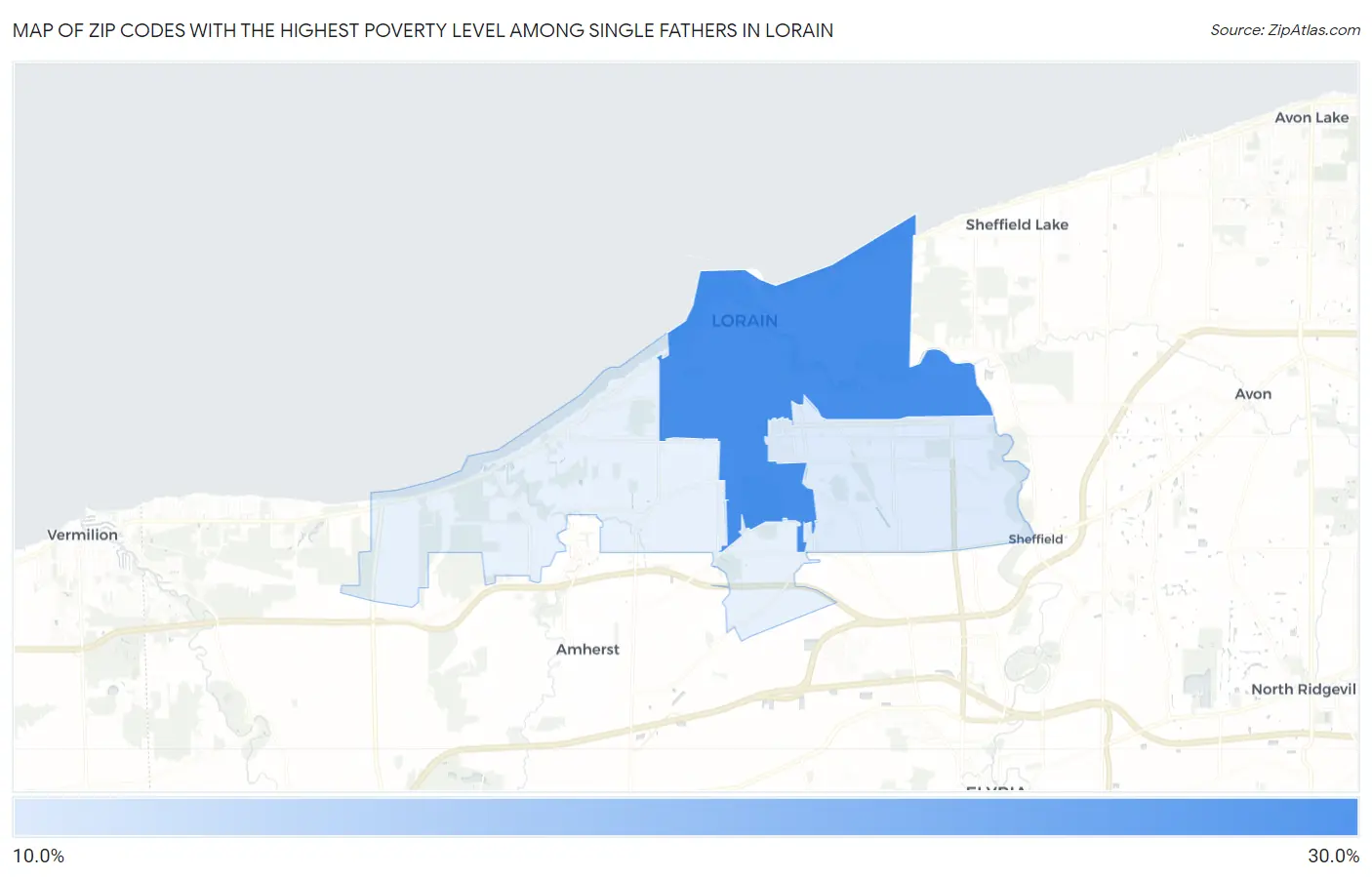 Zip Codes with the Highest Poverty Level Among Single Fathers in Lorain Map