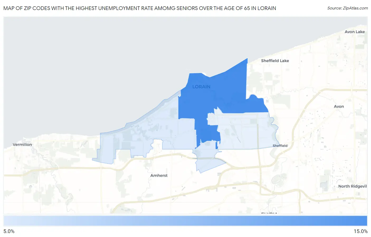 Zip Codes with the Highest Unemployment Rate Amomg Seniors Over the Age of 65 in Lorain Map