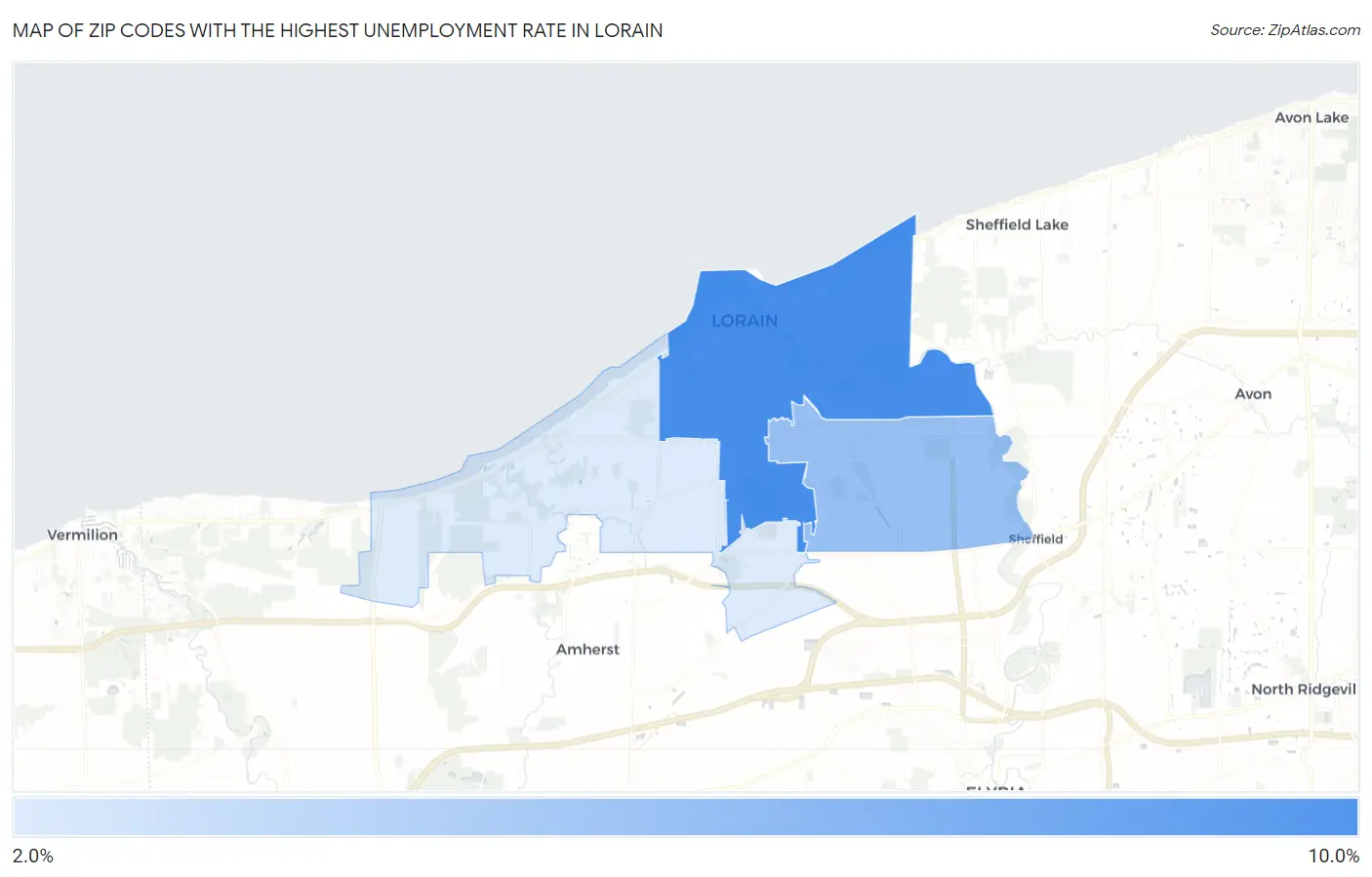 Zip Codes with the Highest Unemployment Rate in Lorain Map