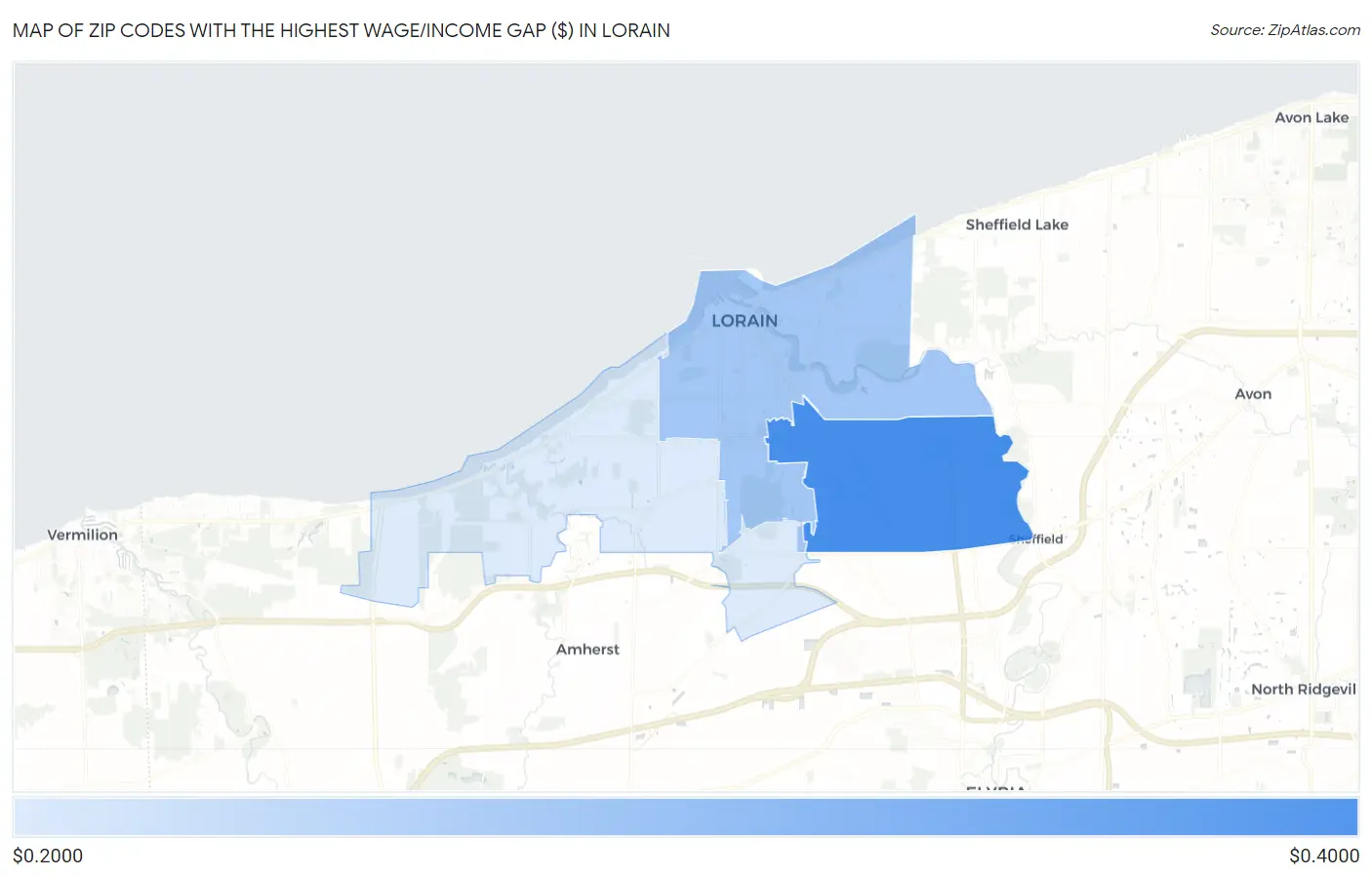 Zip Codes with the Highest Wage/Income Gap ($) in Lorain Map
