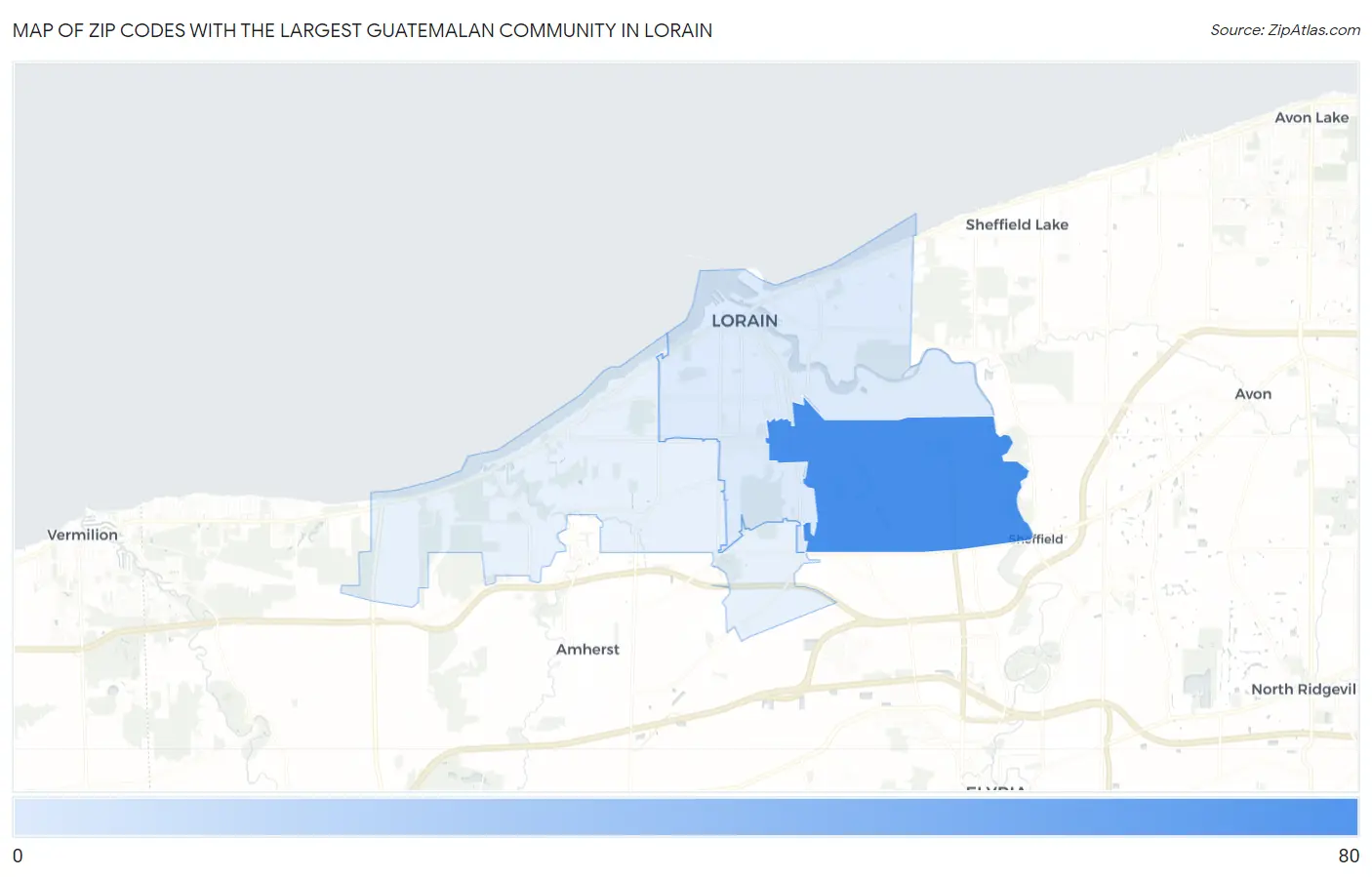 Zip Codes with the Largest Guatemalan Community in Lorain Map