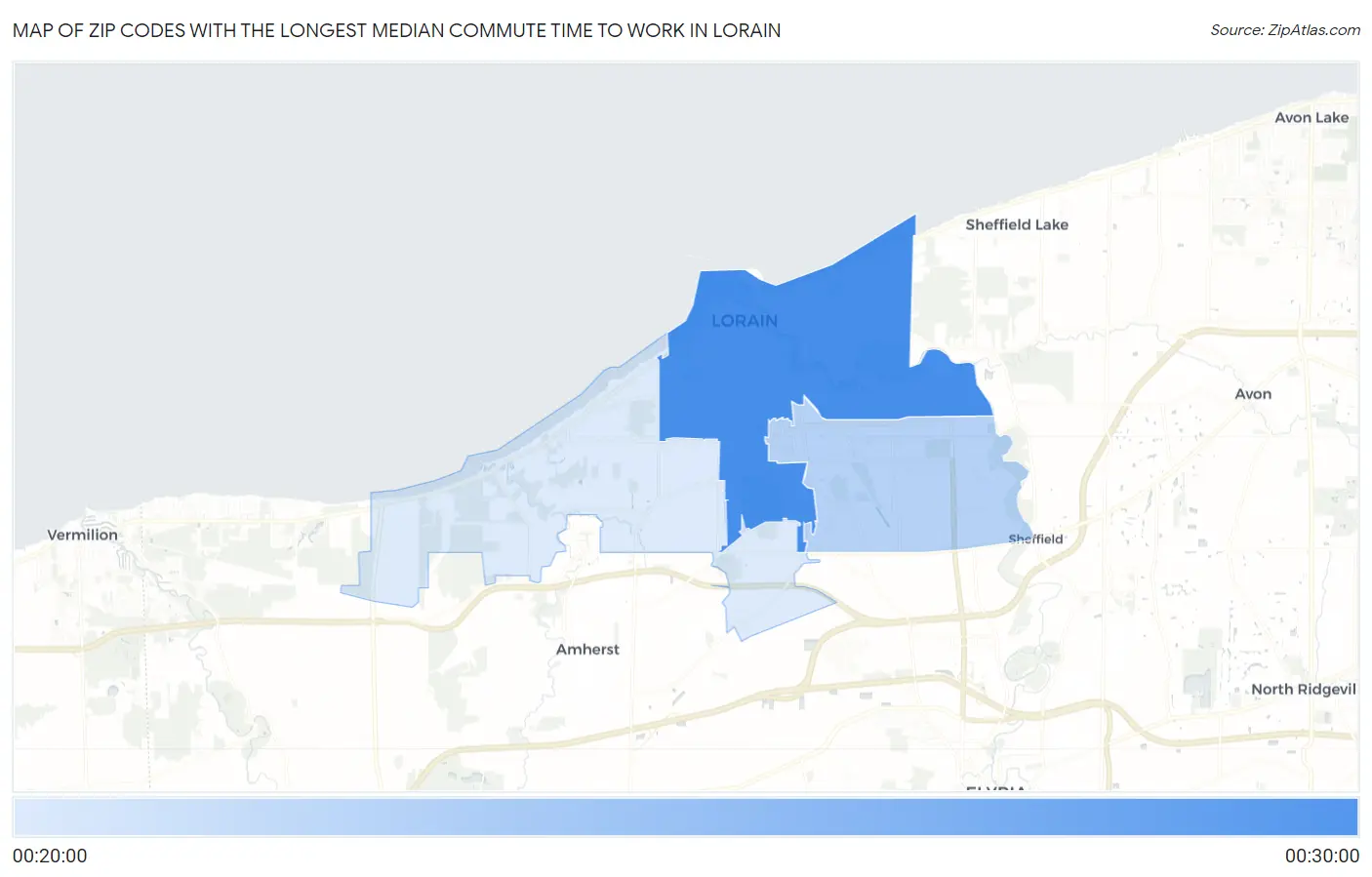 Zip Codes with the Longest Median Commute Time to Work in Lorain Map