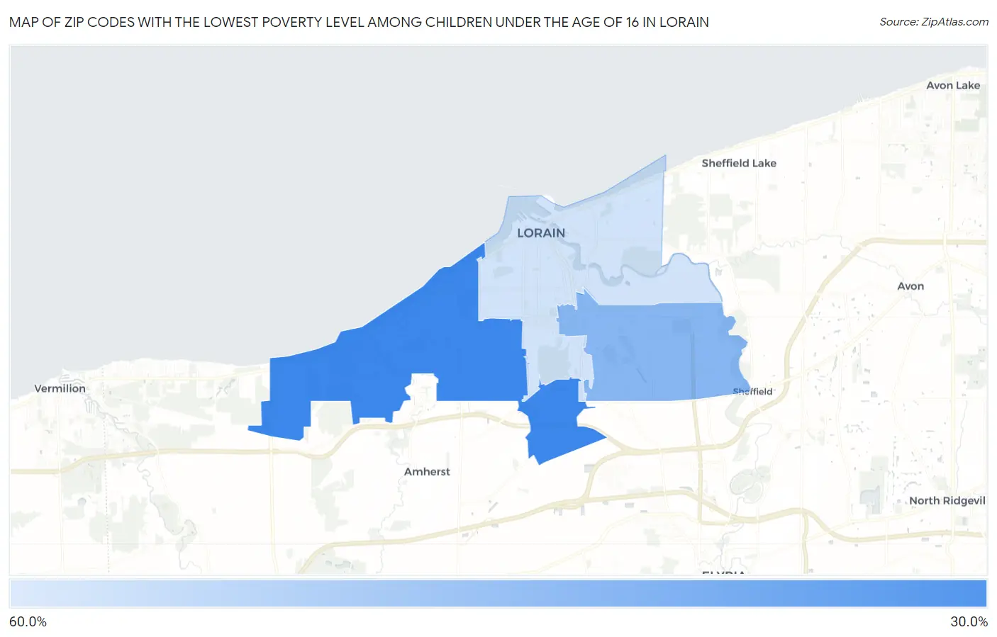 Zip Codes with the Lowest Poverty Level Among Children Under the Age of 16 in Lorain Map