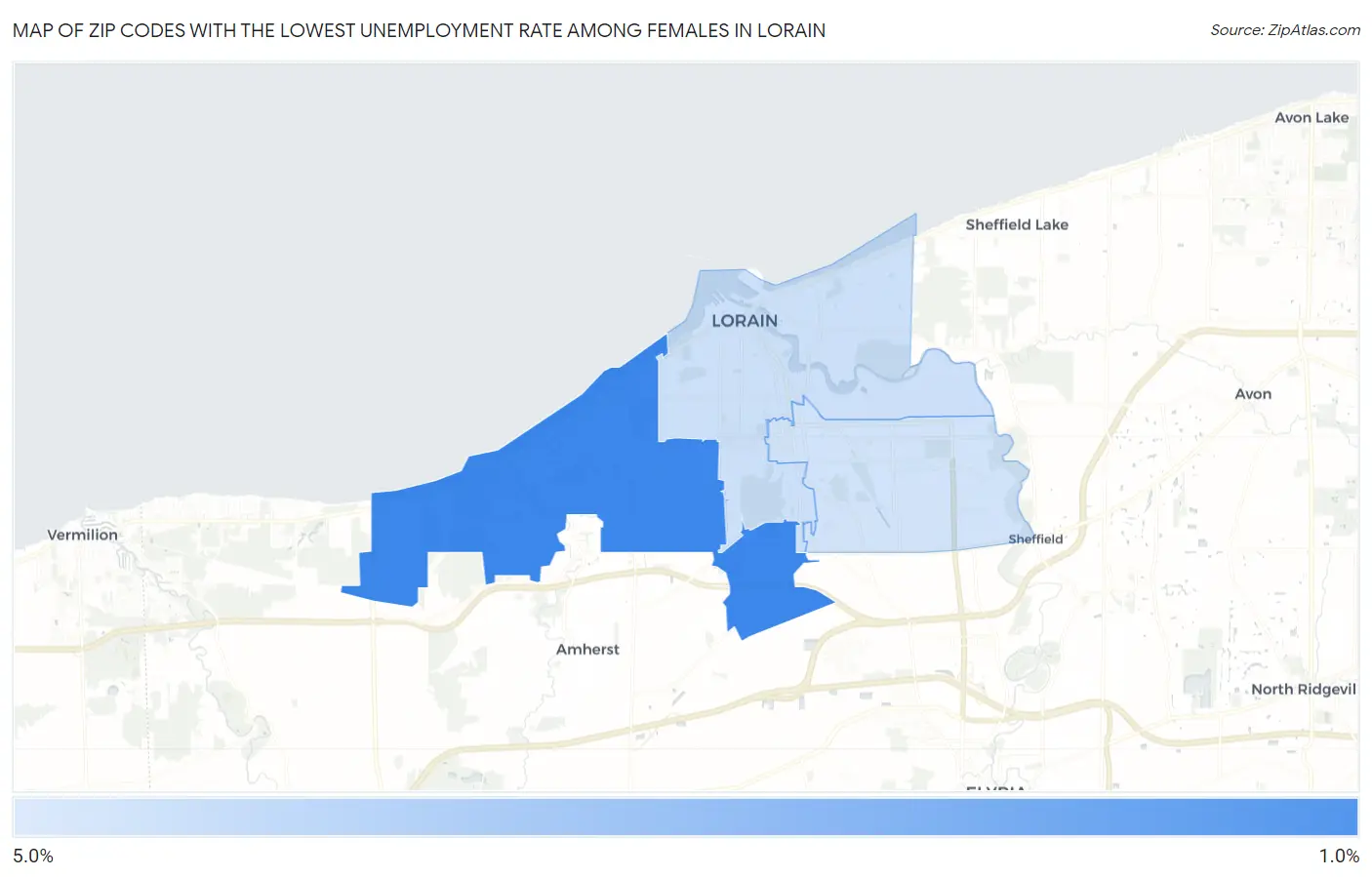 Zip Codes with the Lowest Unemployment Rate Among Females in Lorain Map