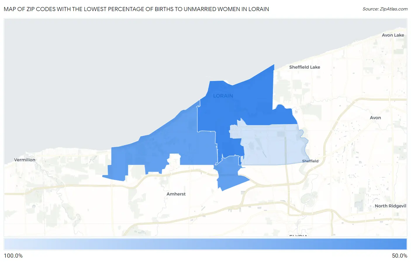 Zip Codes with the Lowest Percentage of Births to Unmarried Women in Lorain Map