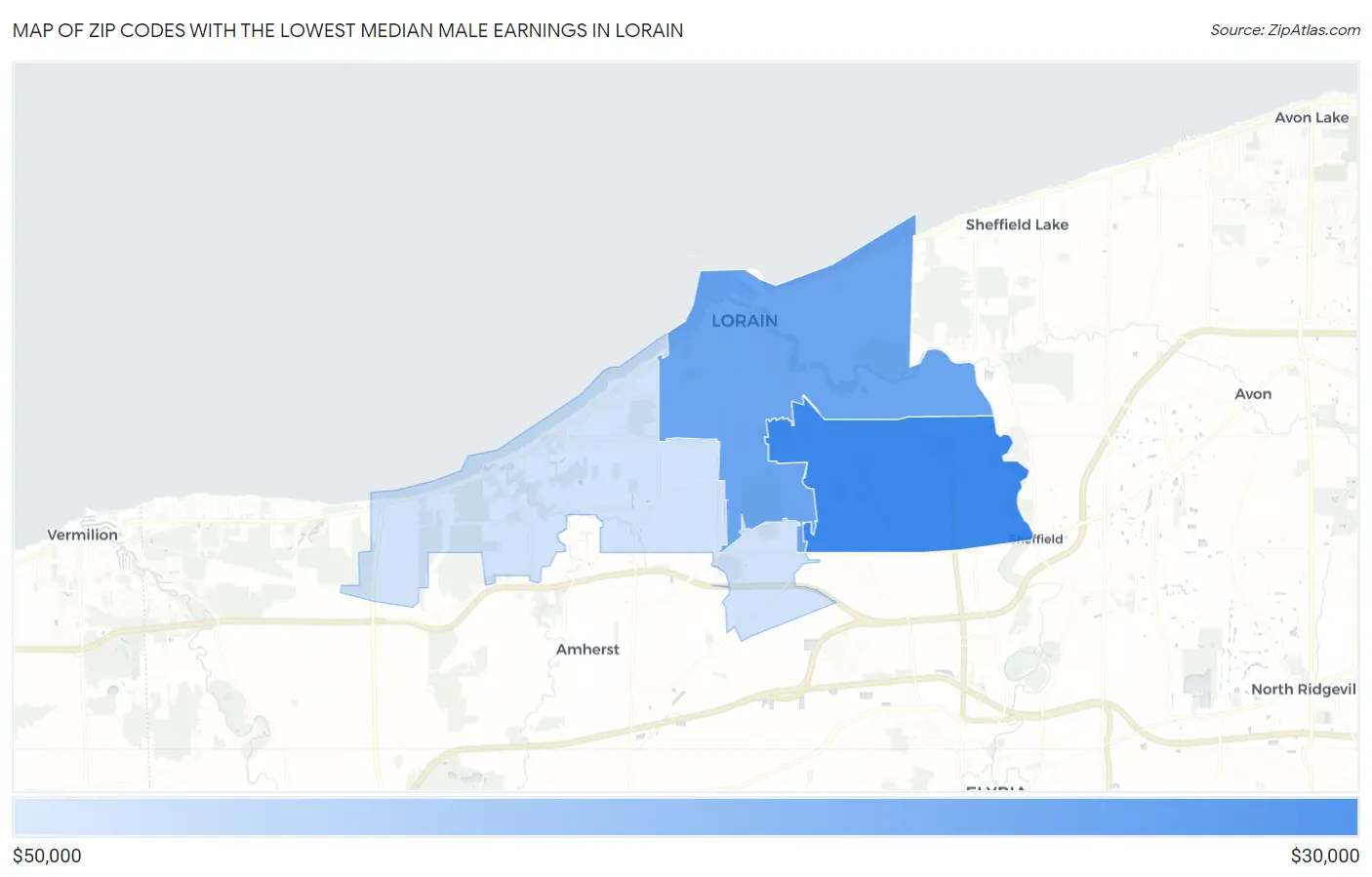Zip Codes with the Lowest Median Male Earnings in Lorain Map