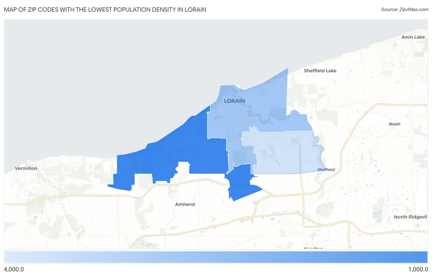 Zip Codes with the Lowest Population Density in Lorain Map