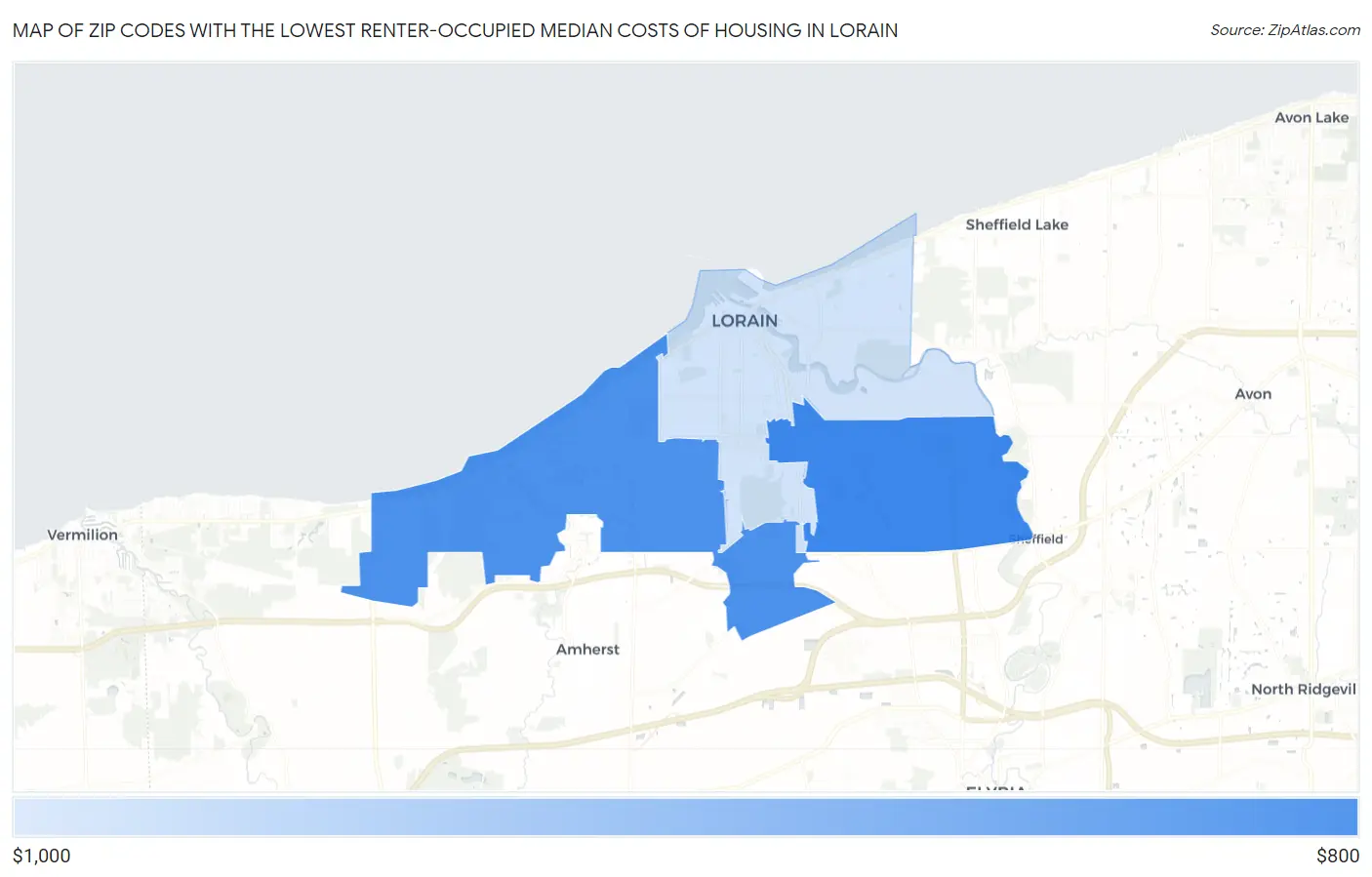 Zip Codes with the Lowest Renter-Occupied Median Costs of Housing in Lorain Map