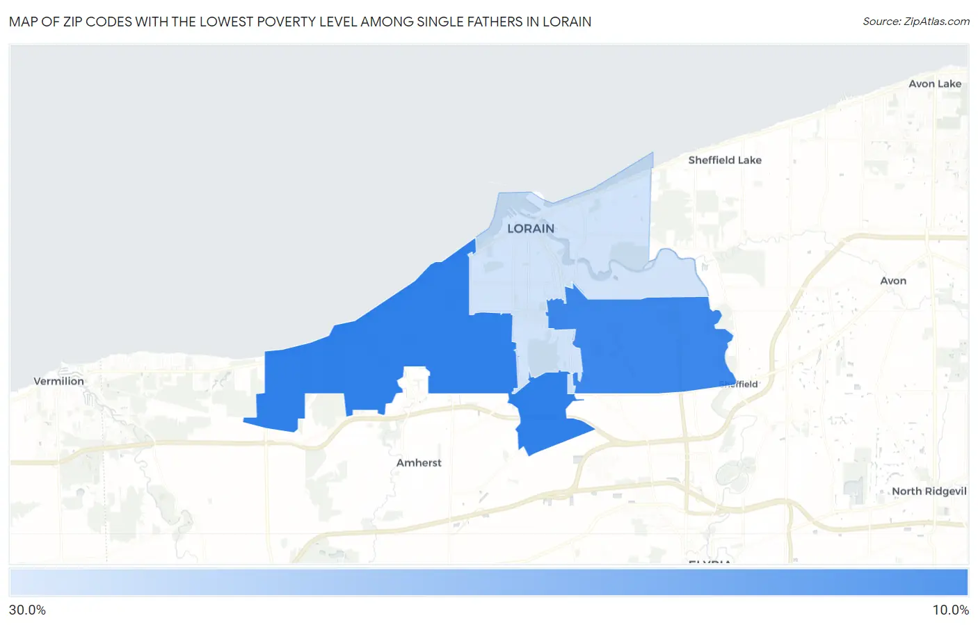 Zip Codes with the Lowest Poverty Level Among Single Fathers in Lorain Map