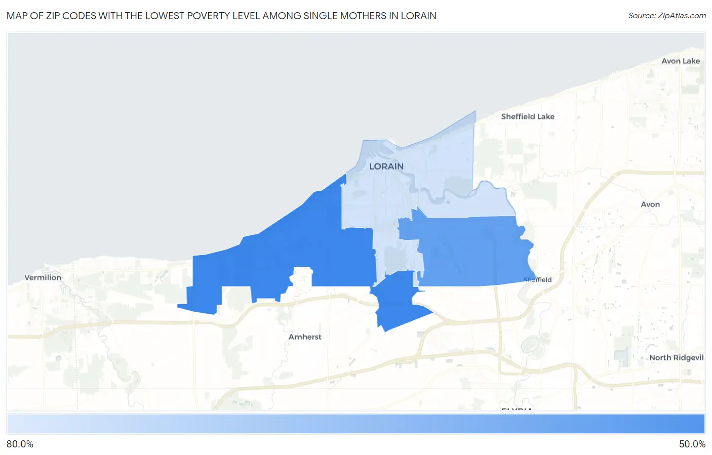 Zip Codes with the Lowest Poverty Level Among Single Mothers in Lorain Map
