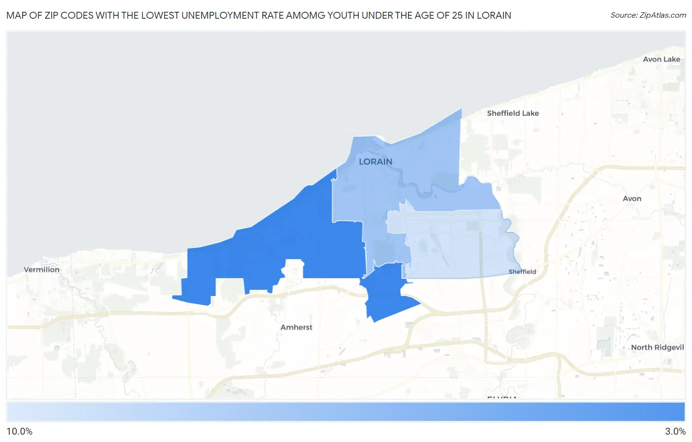 Zip Codes with the Lowest Unemployment Rate Amomg Youth Under the Age of 25 in Lorain Map