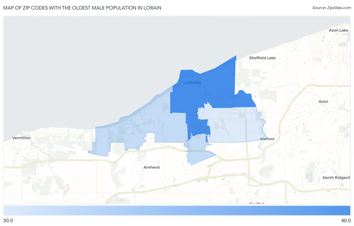 Zip Codes with the Oldest Male Population in Lorain Map
