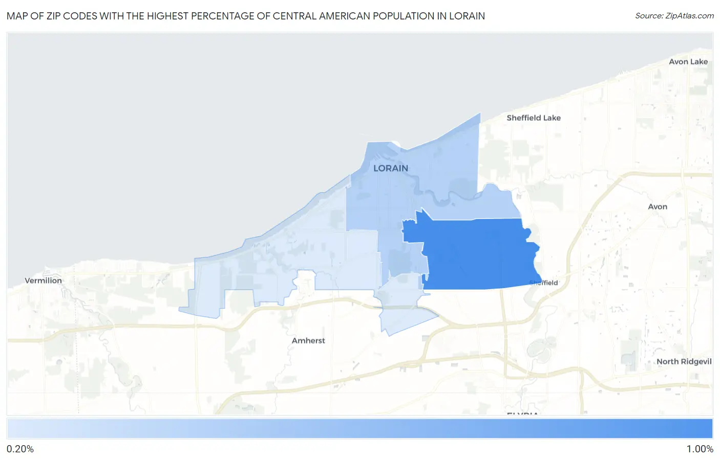 Zip Codes with the Highest Percentage of Central American Population in Lorain Map