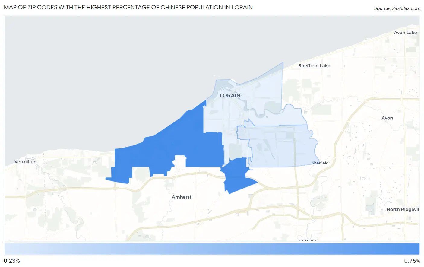 Zip Codes with the Highest Percentage of Chinese Population in Lorain Map