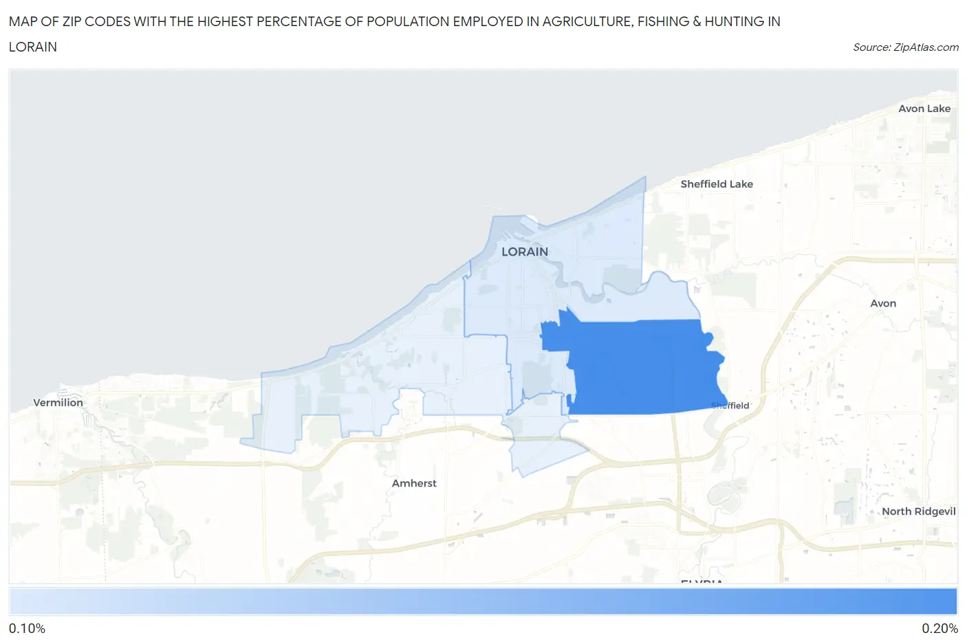 Zip Codes with the Highest Percentage of Population Employed in Agriculture, Fishing & Hunting in Lorain Map