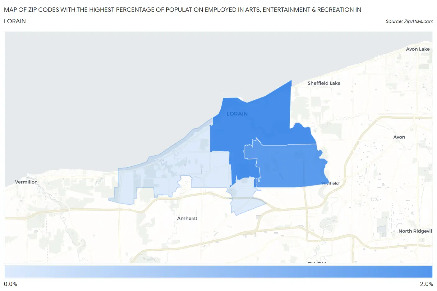 Zip Codes with the Highest Percentage of Population Employed in Arts, Entertainment & Recreation in Lorain Map