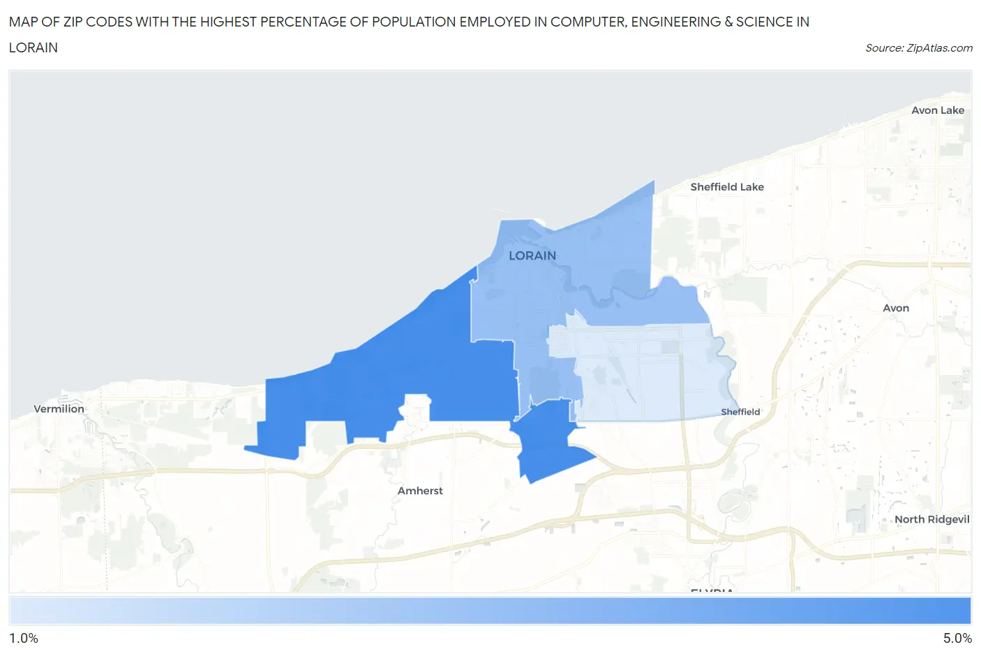 Zip Codes with the Highest Percentage of Population Employed in Computer, Engineering & Science in Lorain Map