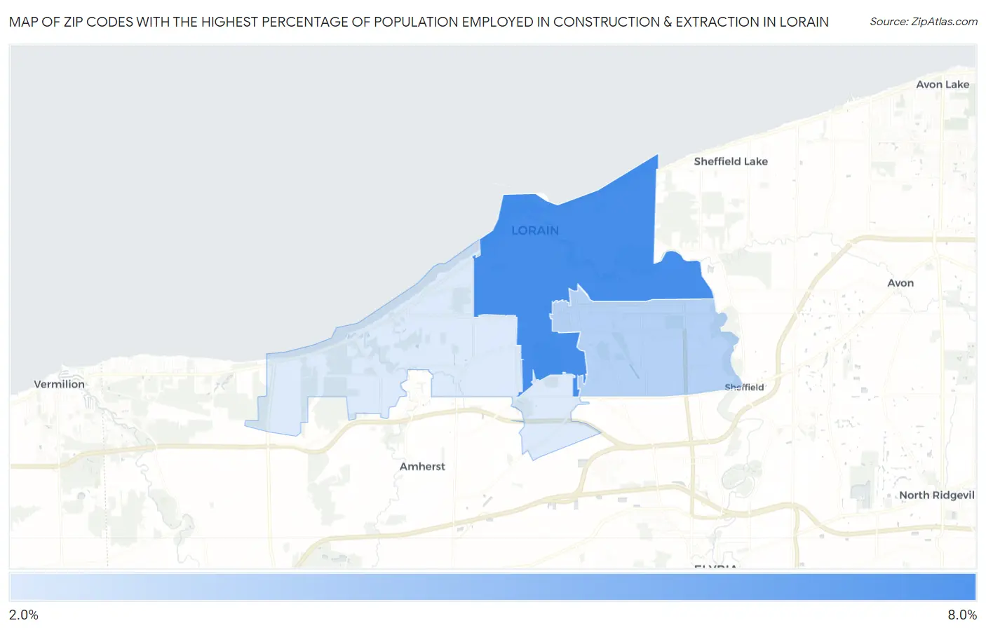 Zip Codes with the Highest Percentage of Population Employed in Construction & Extraction in Lorain Map