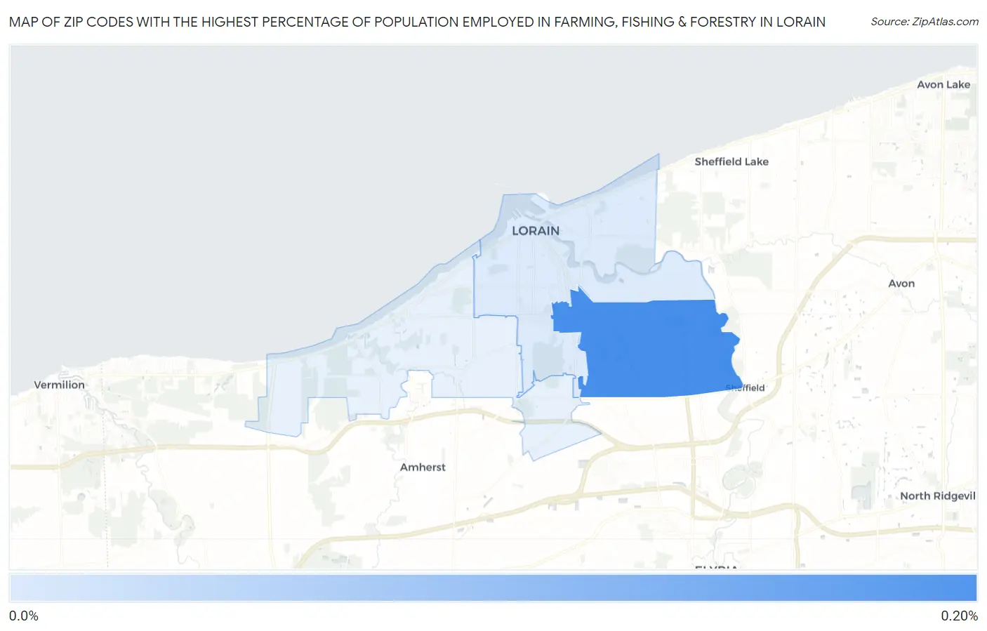 Zip Codes with the Highest Percentage of Population Employed in Farming, Fishing & Forestry in Lorain Map