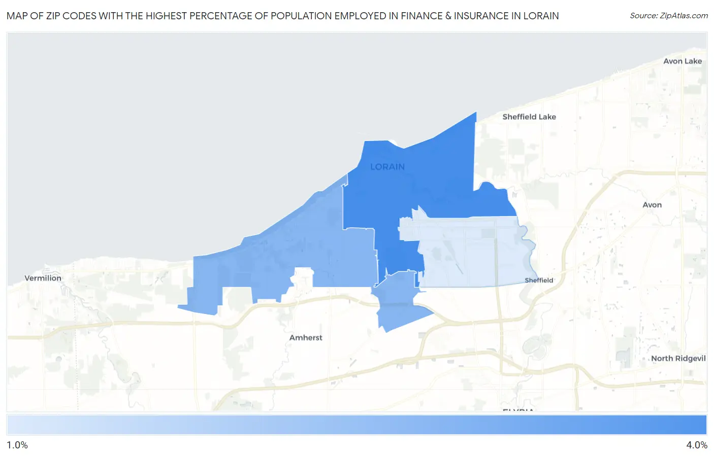 Zip Codes with the Highest Percentage of Population Employed in Finance & Insurance in Lorain Map