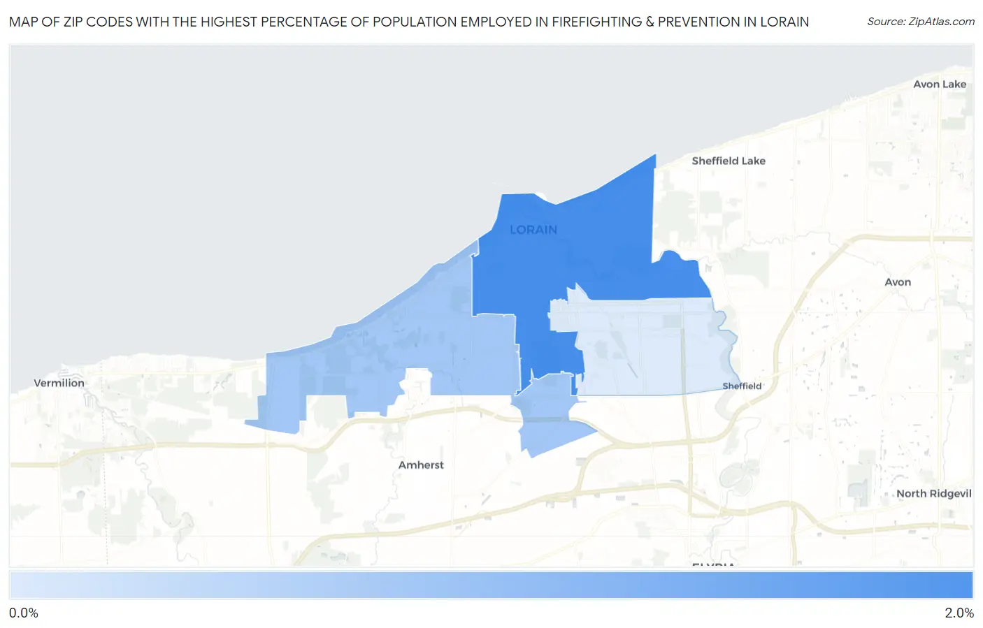 Zip Codes with the Highest Percentage of Population Employed in Firefighting & Prevention in Lorain Map