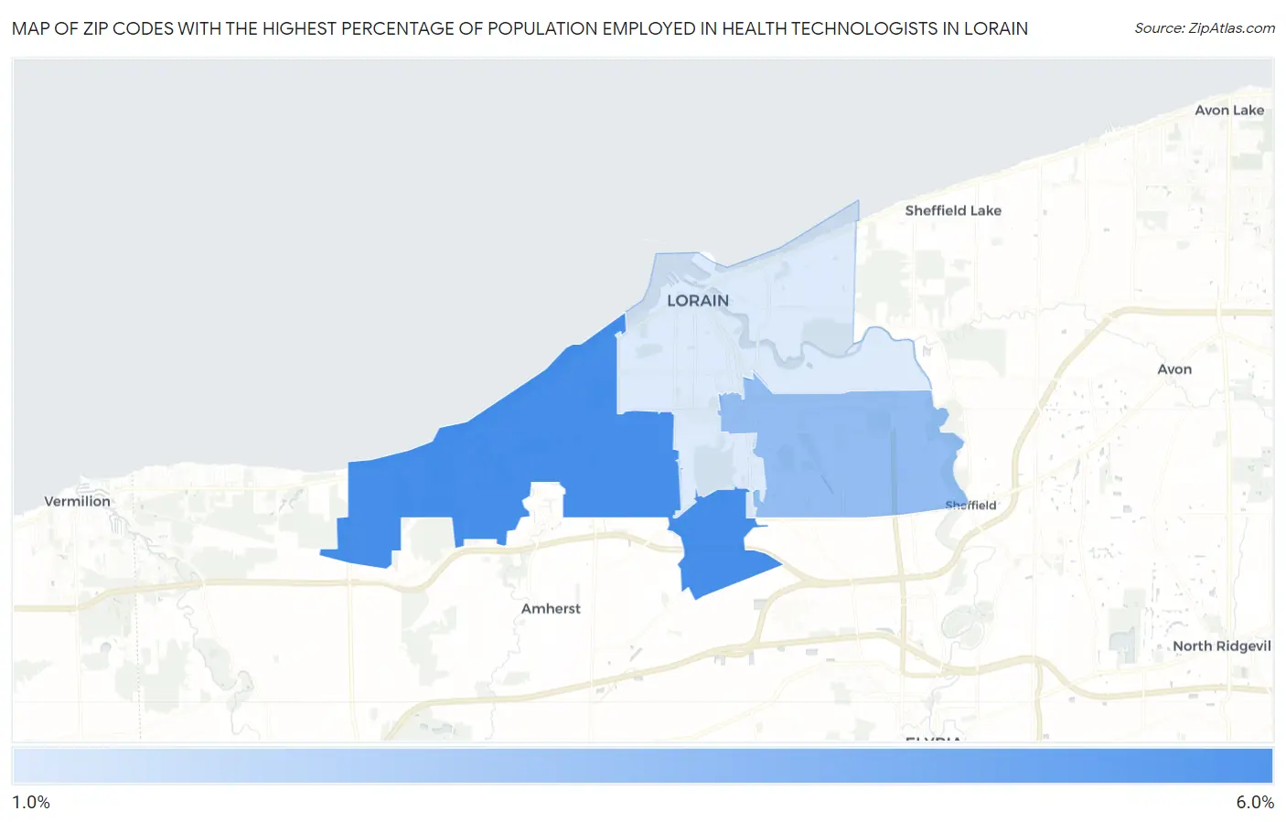 Zip Codes with the Highest Percentage of Population Employed in Health Technologists in Lorain Map