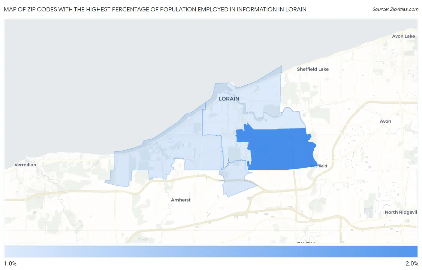 Zip Codes with the Highest Percentage of Population Employed in Information in Lorain Map