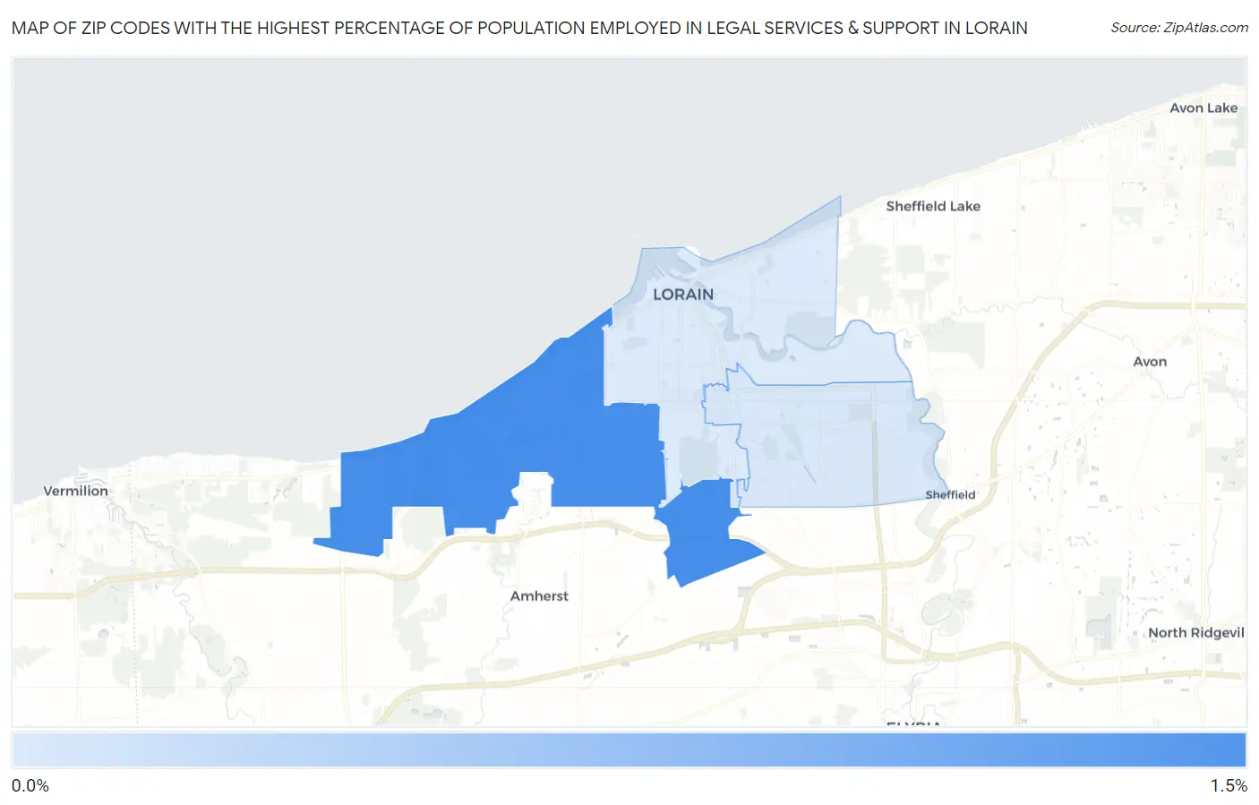 Zip Codes with the Highest Percentage of Population Employed in Legal Services & Support in Lorain Map