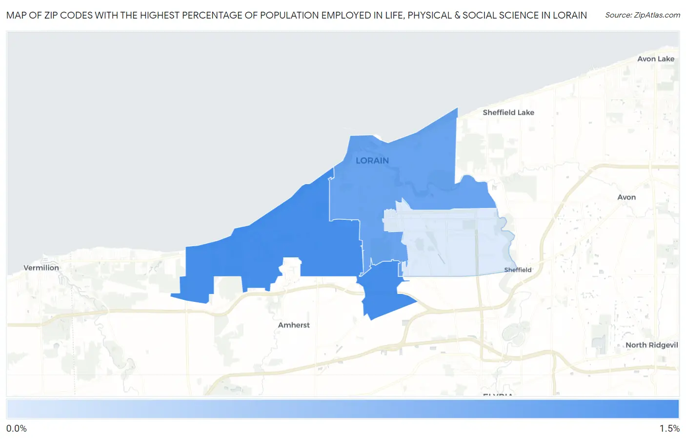 Zip Codes with the Highest Percentage of Population Employed in Life, Physical & Social Science in Lorain Map