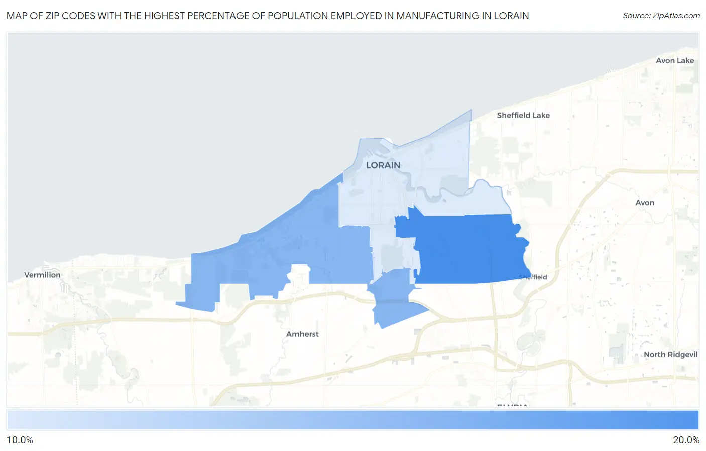 Zip Codes with the Highest Percentage of Population Employed in Manufacturing in Lorain Map