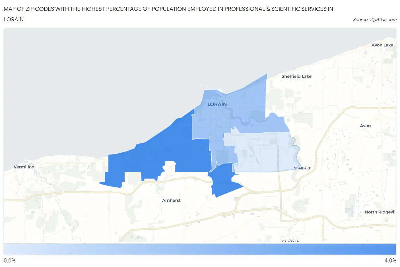 Zip Codes with the Highest Percentage of Population Employed in Professional & Scientific Services in Lorain Map