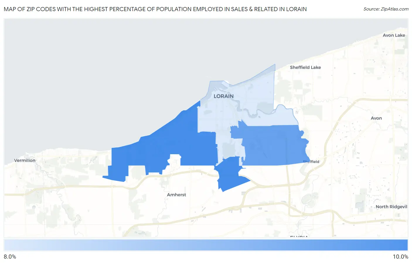 Zip Codes with the Highest Percentage of Population Employed in Sales & Related in Lorain Map