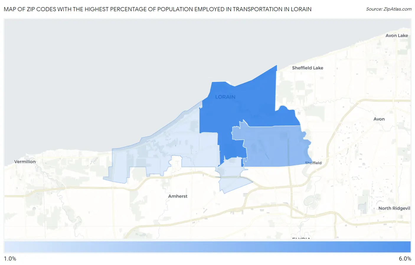 Zip Codes with the Highest Percentage of Population Employed in Transportation in Lorain Map